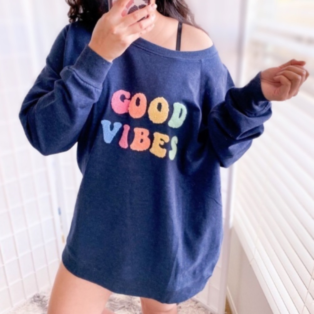 Wildfox Good Vibes pastel rainbow textured loop knit statement sweatshirt size S